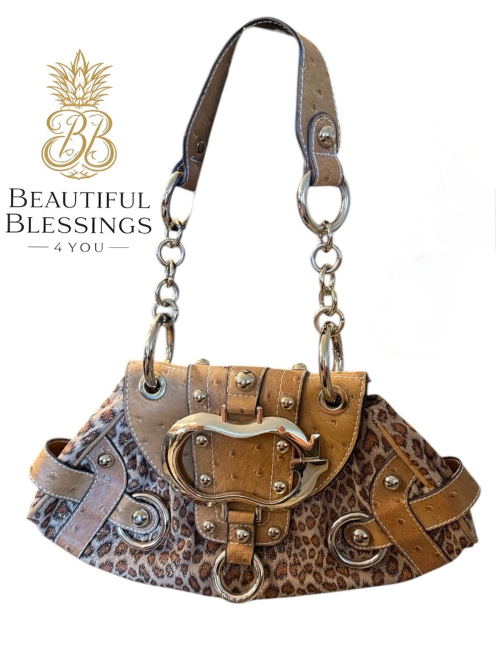 Guess Leopard Purse in Tan, Gold, and Faux Ostrich Print with Gold Hardware